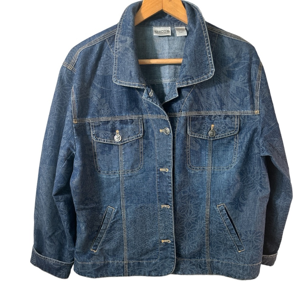 Chico’s sapor tanya denim indigo jean jacket size 2- L Floral Cottagecore